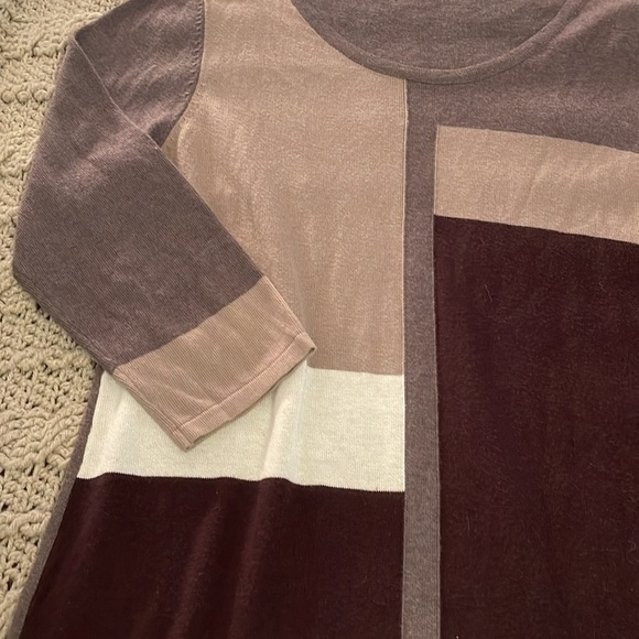 50% Viscose Brown, Gray, Tan, & White colorblock Midi Sweater dress women’s sz M - Picture 2 of 15